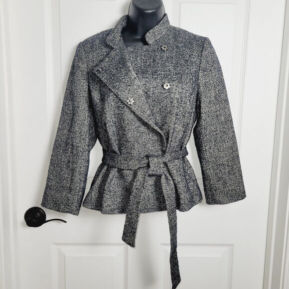 Club Monaco Jacket Small Petite Black Wool Herringbone Belt Mandarin Flip Collar - Picture 1 of 12